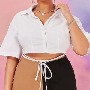 Button down crisscross tie front blouse.